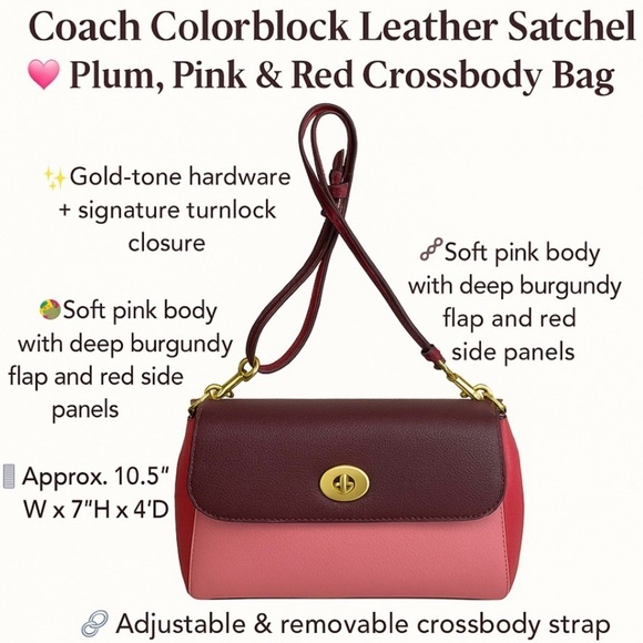 Coach Colorblock Satchel | Pink Red Plum Leather‎ | Preppy Chic Y2K Quiet Luxury - Picture 2 of 11